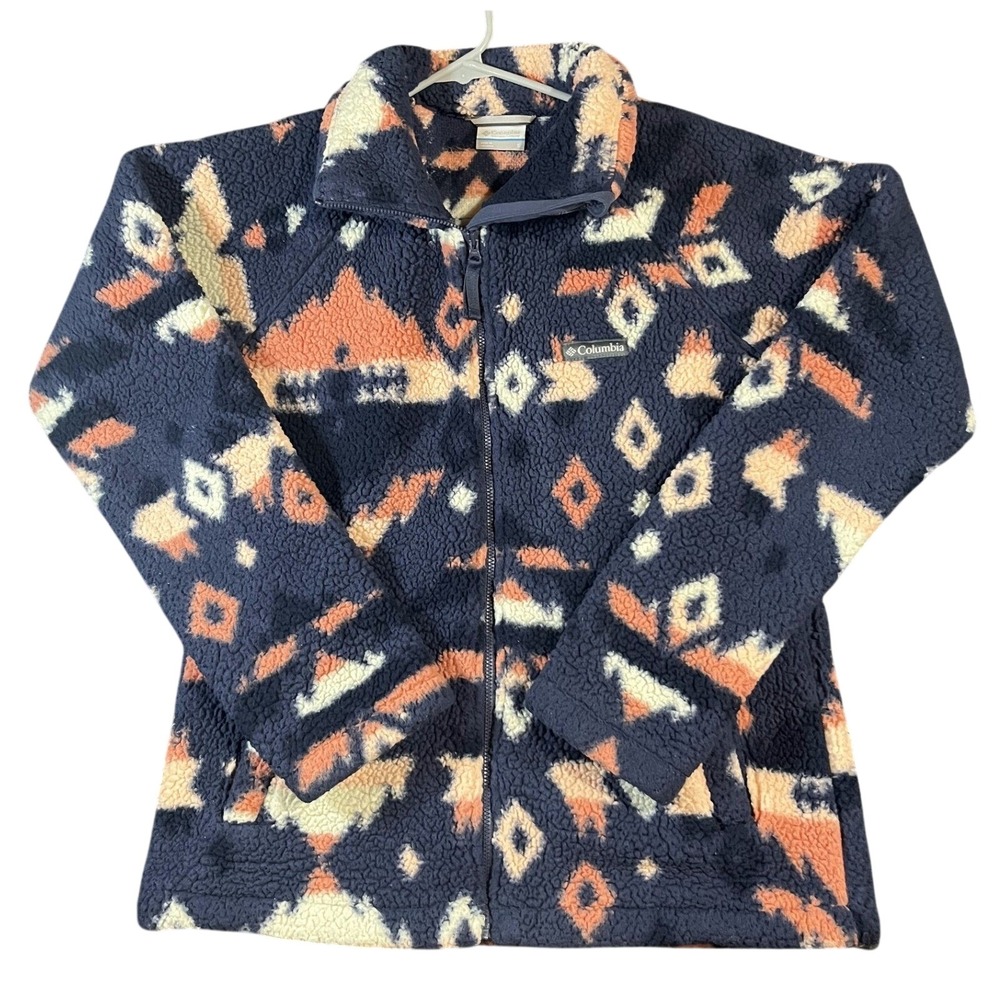 Columbia Womens Navy Blue Southwestern Geometric Sherpa‎ Fleece Zip Jacket Small